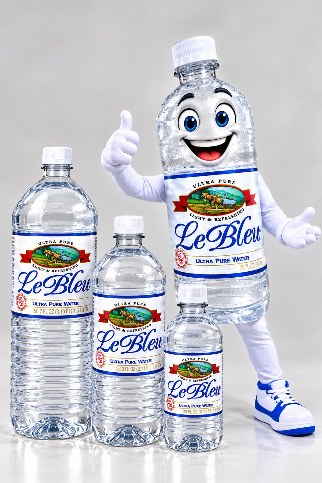 Les bouteilles Le Bleu 1,5 L, 1 L et 591 ml avec la mascotte Le Bleu
